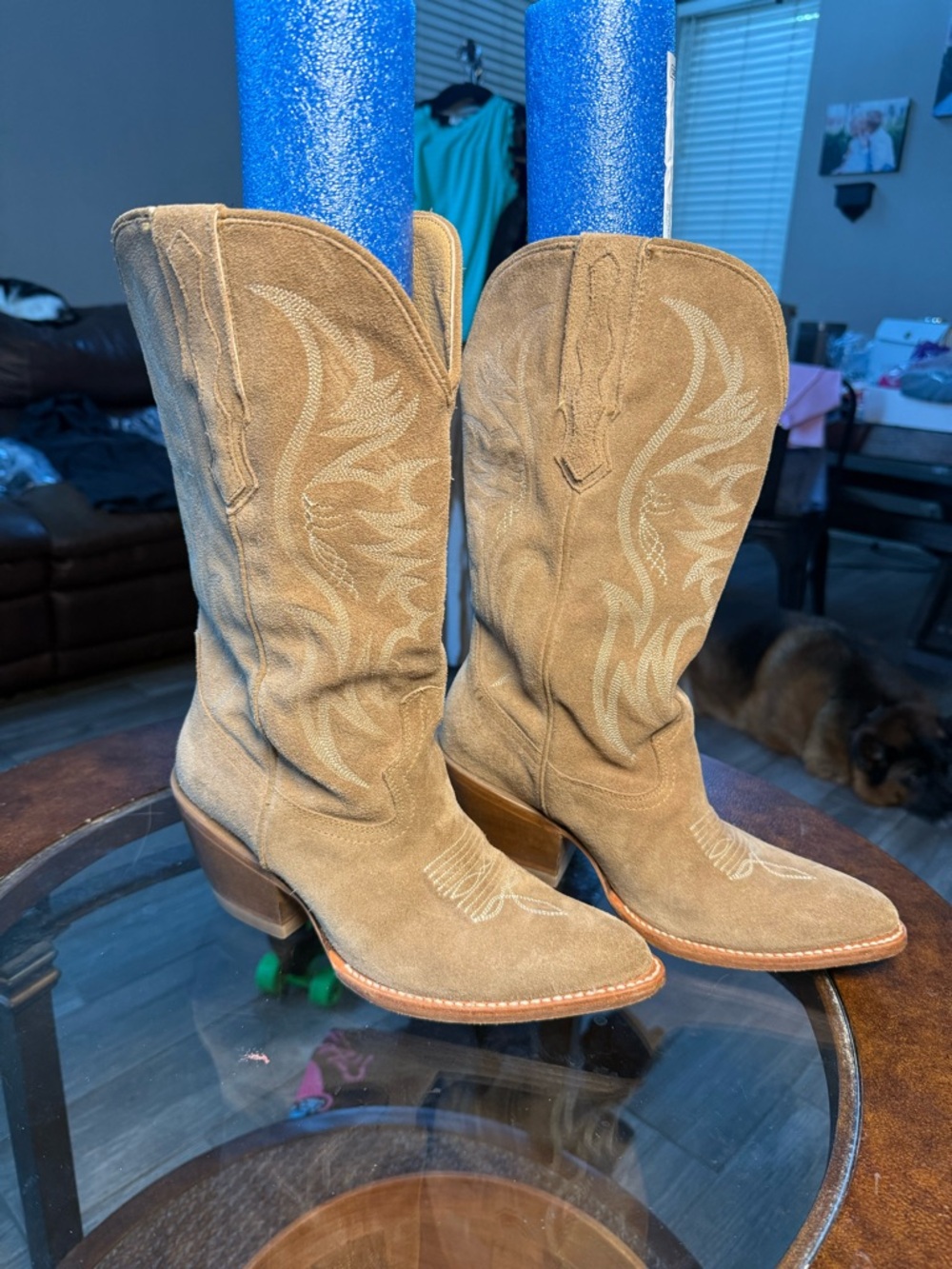 Women's Wide Calf Tan Suede Western Cowboy Boots - Classic Embroidered Design
